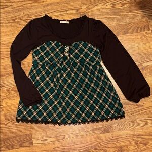 Axes Femme brown green plaid Long Sleeve Top